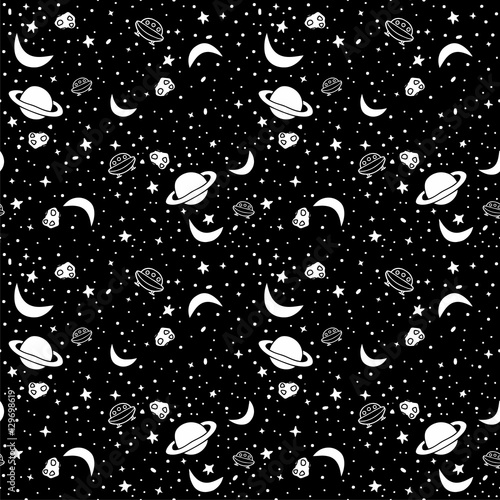 Seamless pattern with space in black and white colors. Vector background with stars, planets, aliens and crescent moons