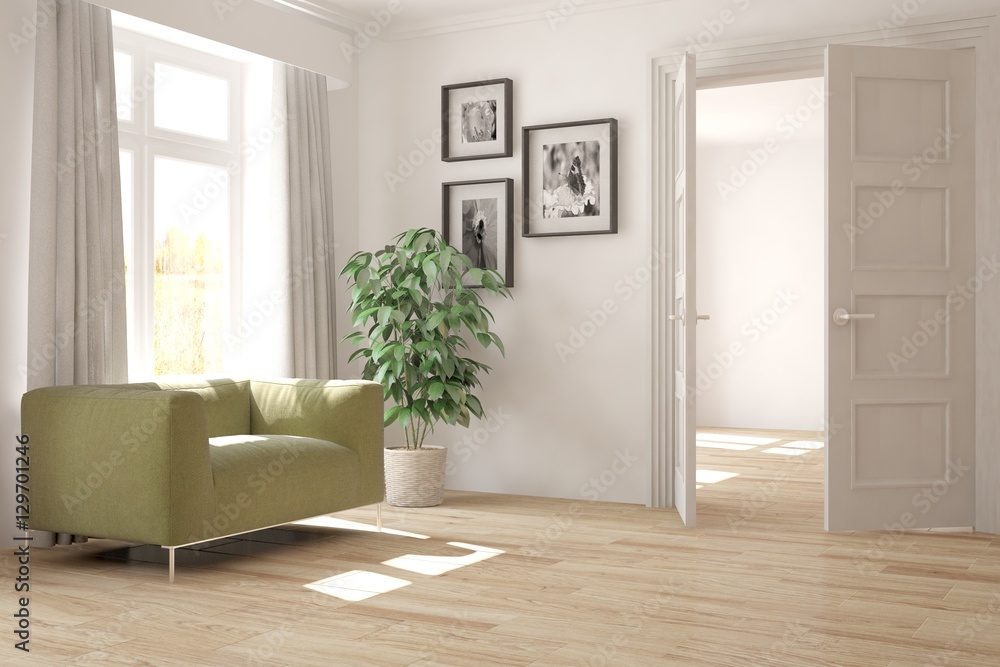 White room with armchair. Scandinavian interior design White room with armchair. Scandinavian interior design