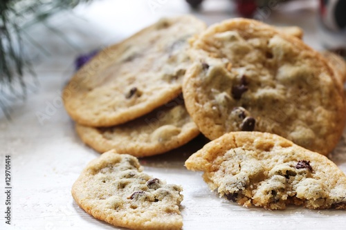 Slika na platnu Homemade giant Chocolate chip cookies on holiday background, selective focus