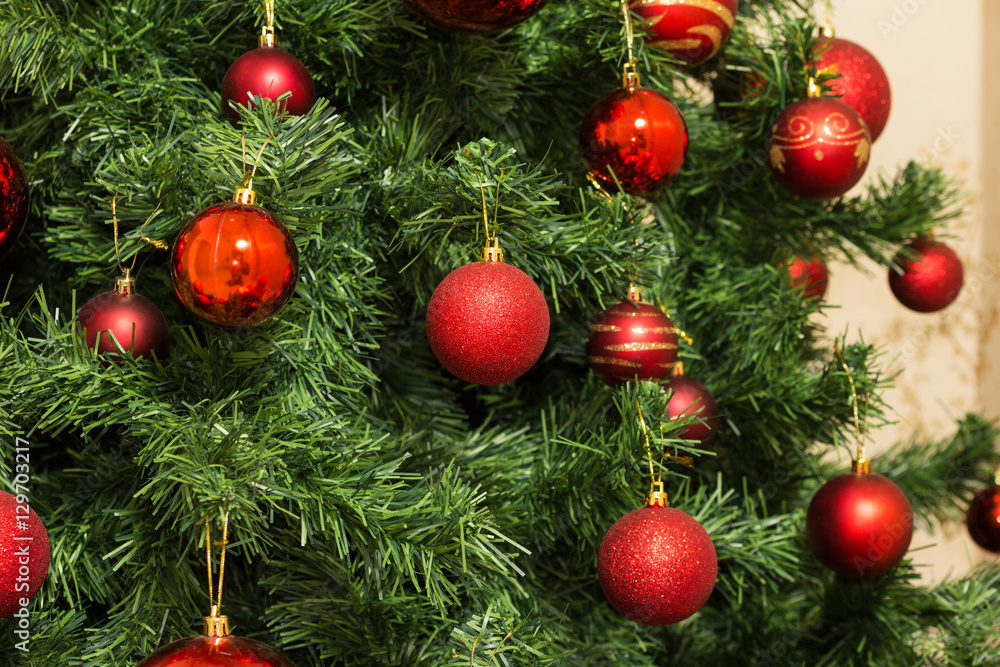 Chrisrmas tree and red ornaments Chrisrmas tree and red ornaments