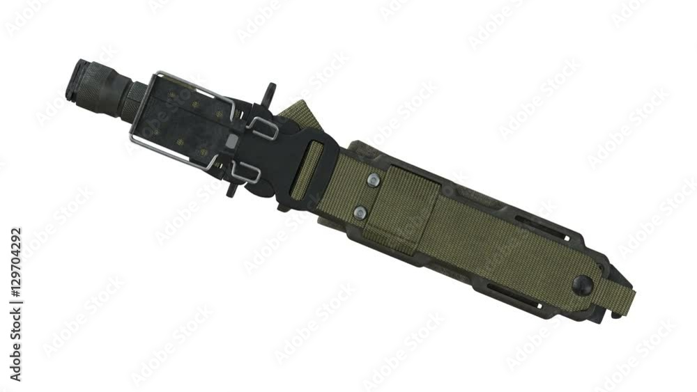 Knife army military with sharp blade and green cover, alpha channel. 3D animation object loop Knife army military with sharp blade and green cover, alpha channel. 3D animation object loop