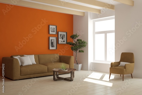 Orange room with sofa. Scandinavian interior design