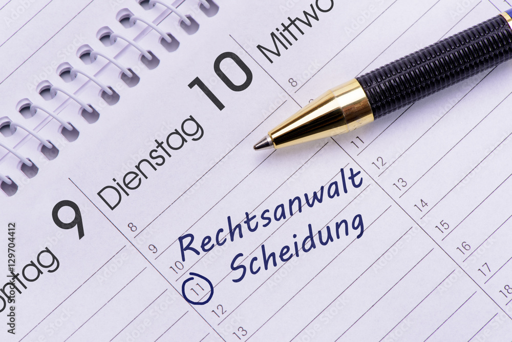 Terminkalender mit Eintrag Rechtsanwalt und Scheidung Terminkalender mit Eintrag Rechtsanwalt und Scheidung