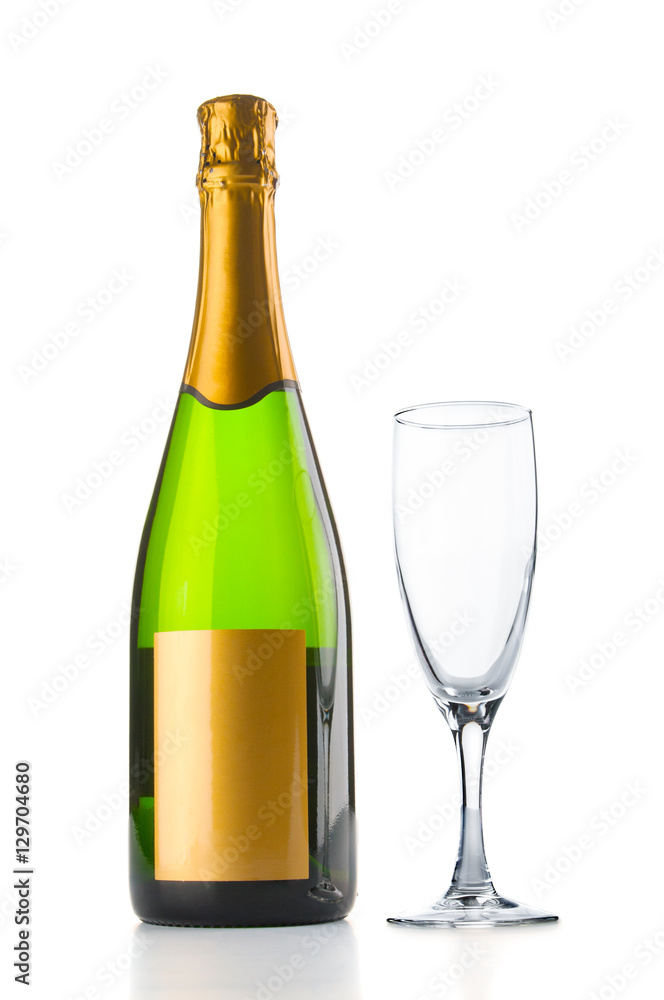 Champagne bottle and empty goblet on white background Champagne bottle and empty goblet on white background