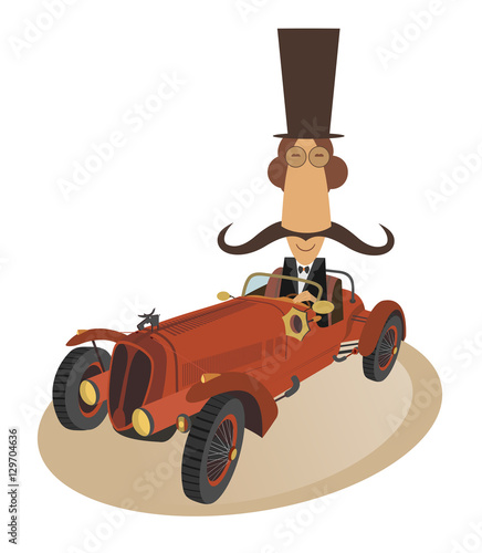 Gentleman rides a retro car. Smiling man in top hat drives a hot rod
