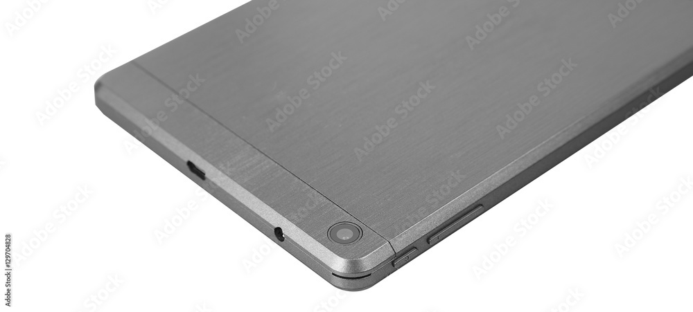 Tablet metal silver isolated back close up camera Tablet metal silver isolated back close up camera