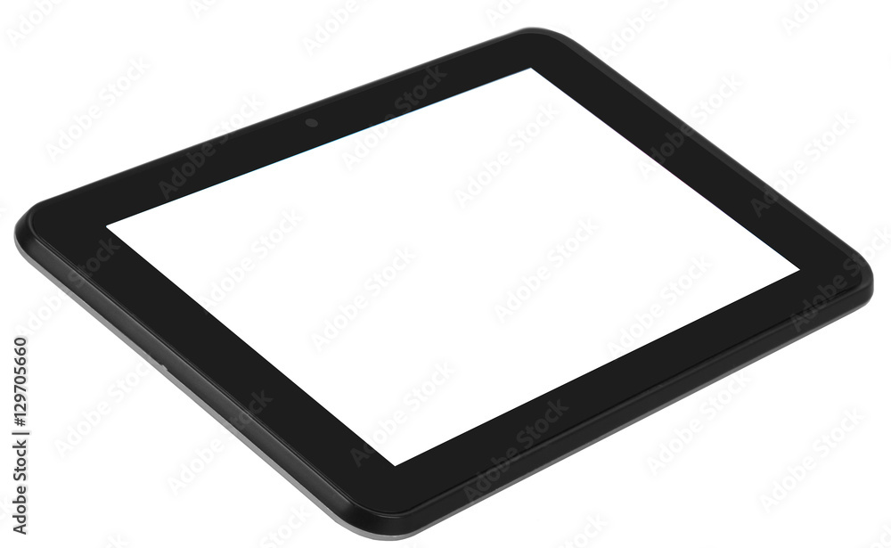 Tablet device black with silver metal front angle Tablet device black with silver metal front angle