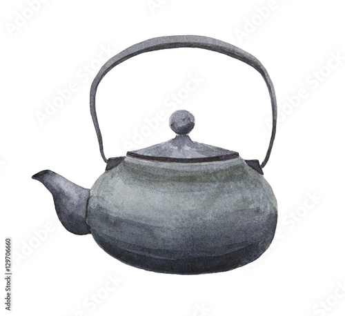 Japanese black cast iron teapot watercolor painting on white background 
