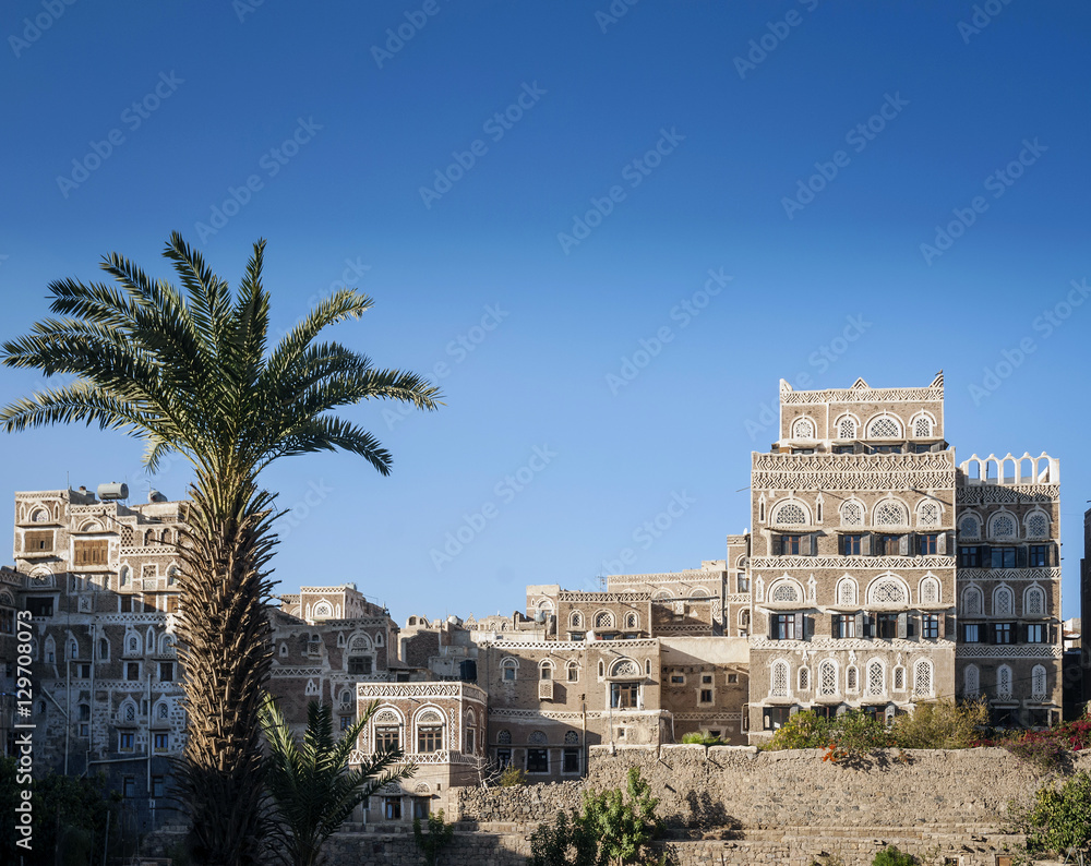 sanaa city old town traditional architecture buildings view in y
