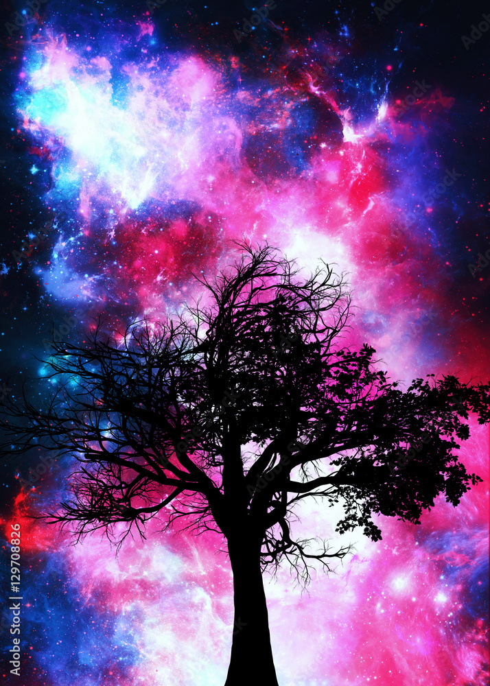 Night sky abstract space background with lonely tree silhouette Stock ...