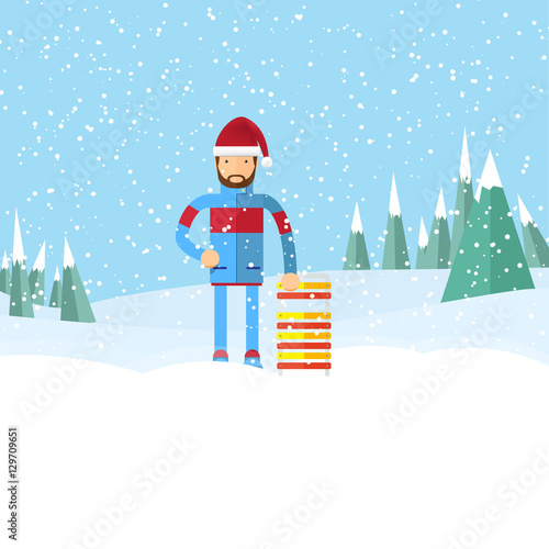 man in santa hat holding a sled. flat winter landscape