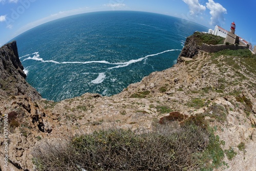 Fisheye view of Saint Vincent Cape and lighthouse in Algarve, Portugal