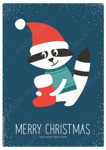 christmas card with a smiling raccoon in a Santa Claus's hat with a Christmas Sock. Vector flat isolated illustration.