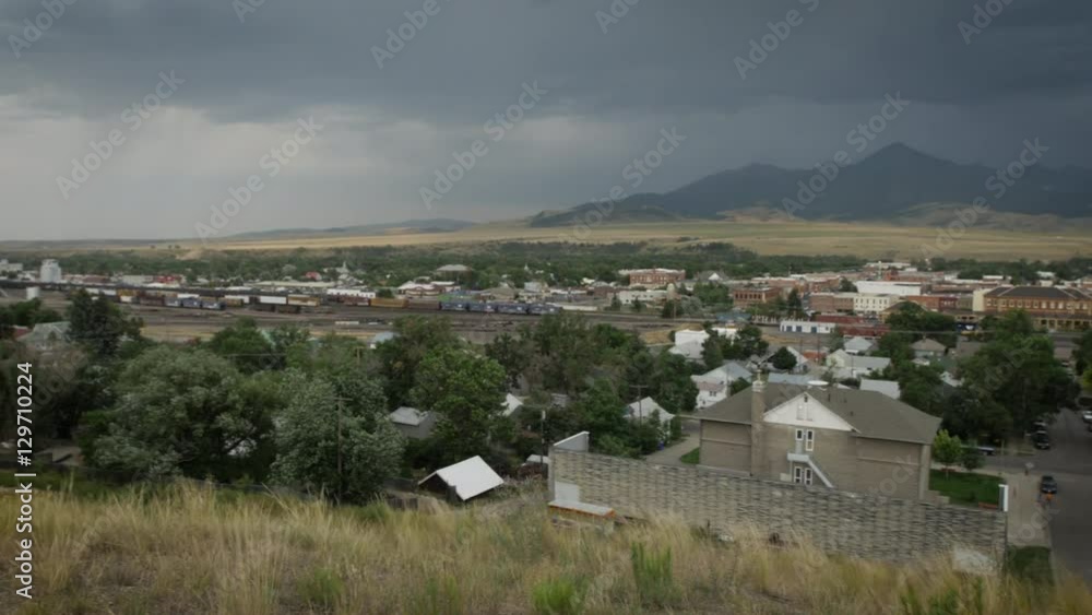 Small Western Town from Above with Storm Clouds Small Western Town from Above with Storm Clouds
