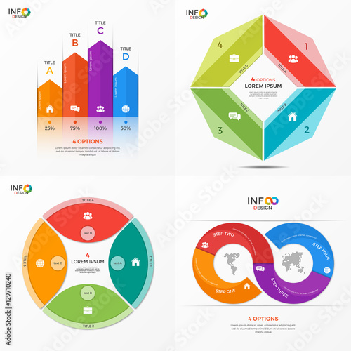 Set of vector infographic 4 options templates for presentations, advertising, layouts, annual reports. The elements can be easily adjusted, transformed, added, deleted and the colour can be changed.