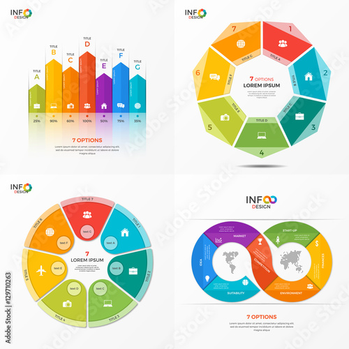 Set of vector infographic 7 options templates for presentations, advertising, layouts, annual reports. The elements can be easily adjusted, transformed, added, deleted and the colour can be changed.