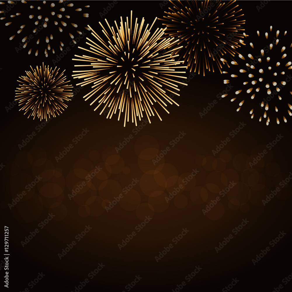 Obraz premium Firework gold bursting sparkle background card. Golden night fire, beautiful explosion for celebration, holiday, Christmas, New Year, birthday. Symbol festive, anniversary. Vector illustration