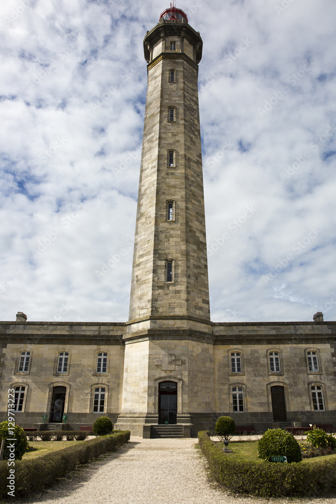 view from the ground of the 1854 Grand Phare des Baleines lighthouse, Ile de Re, France.