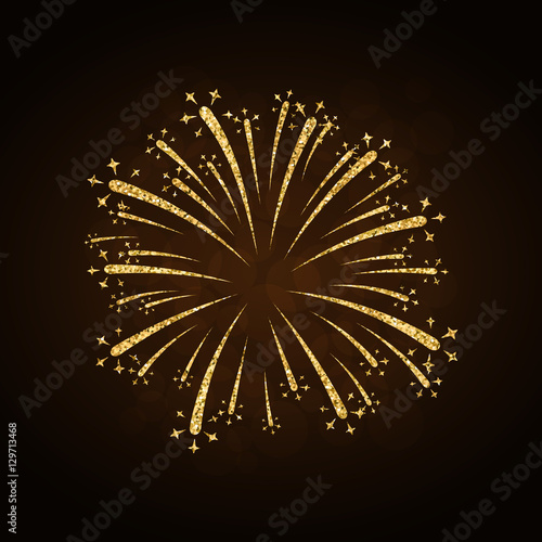 Firework gold isolated. Beautiful golden firework on black background. Bright decoration for Christmas card, Happy New Year celebration, anniversary, festival. Flat design Vector illustration