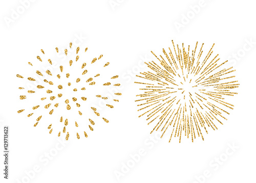 Fireworks set gold isolated. Beautiful golden fireworks on white background. Bright decoration Christmas card, Happy New Year celebration, anniversary, festival. Flat design Vector illustration