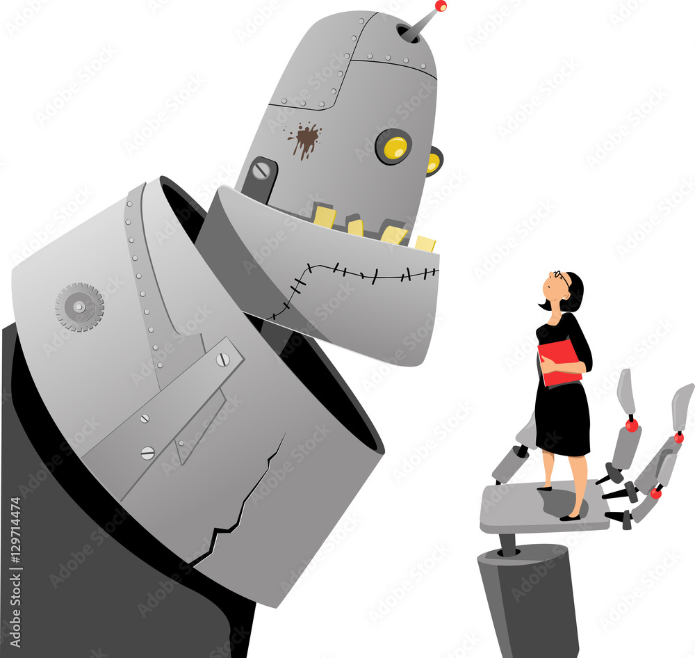 Giant robot talking to a woman, standing in the palm on his hand, EPS 8 vector illustration, no transparencies Giant robot talking to a woman, standing in the palm on his hand, EPS 8 vector illustration, no transparencies