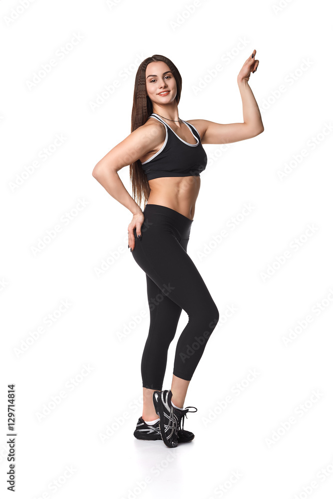 Athletic fitness woman helthy sport isolated white background black clothes Athletic fitness woman helthy sport isolated white background black clothes