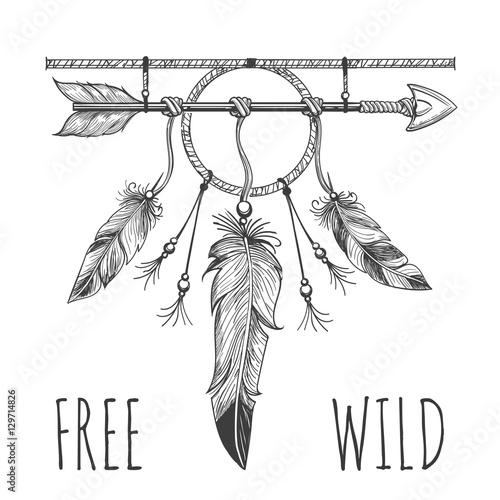 Native american accessory with arrow feathers and lettering free wild isolated on white. Vector illustration