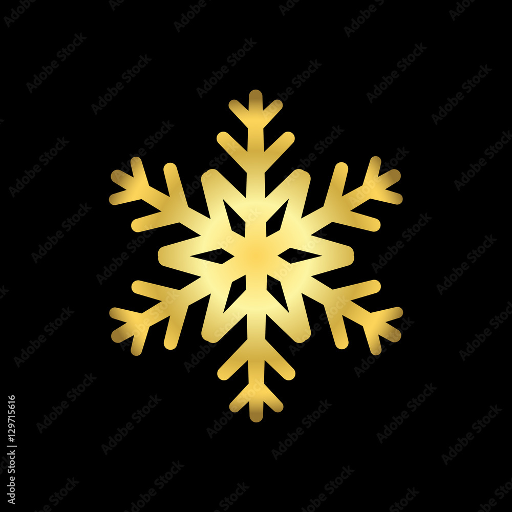 Gold Christmas snowflake icon. Golden silhouette snow flake sign isolated on black background. Elegant design for card, decoration. Symbol winter, New Year holiday celebration Vector illustration