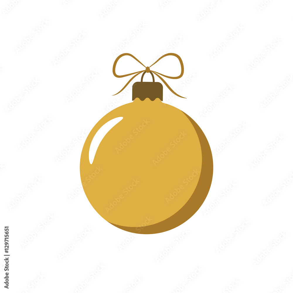 Christmas tree gold ball with bow. Golden bauble decoration, isolated on white background. Symbol of Happy New Year, Xmas holiday celebration, winter. Flat design for card. Vector illustration Christmas tree gold ball with bow. Golden bauble decoration, isolated on white background. Symbol of Happy New Year, Xmas holiday celebration, winter. Flat design for card. Vector illustration