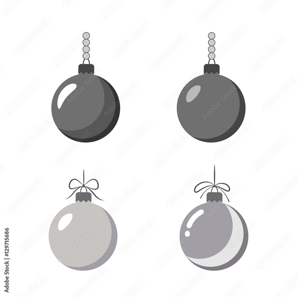 Christmas tree ball icons set. Gray baubles decoration, isolated on white background. Symbol of Happy New Year, Xmas holiday celebration, winter. Flat design for card. Vector illustration Christmas tree ball icons set. Gray baubles decoration, isolated on white background. Symbol of Happy New Year, Xmas holiday celebration, winter. Flat design for card. Vector illustration