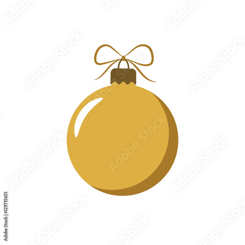 Christmas tree gold ball with bow. Golden bauble decoration, isolated on white background. Symbol of Happy New Year, Xmas holiday celebration, winter. Flat design for card. Vector illustration photo