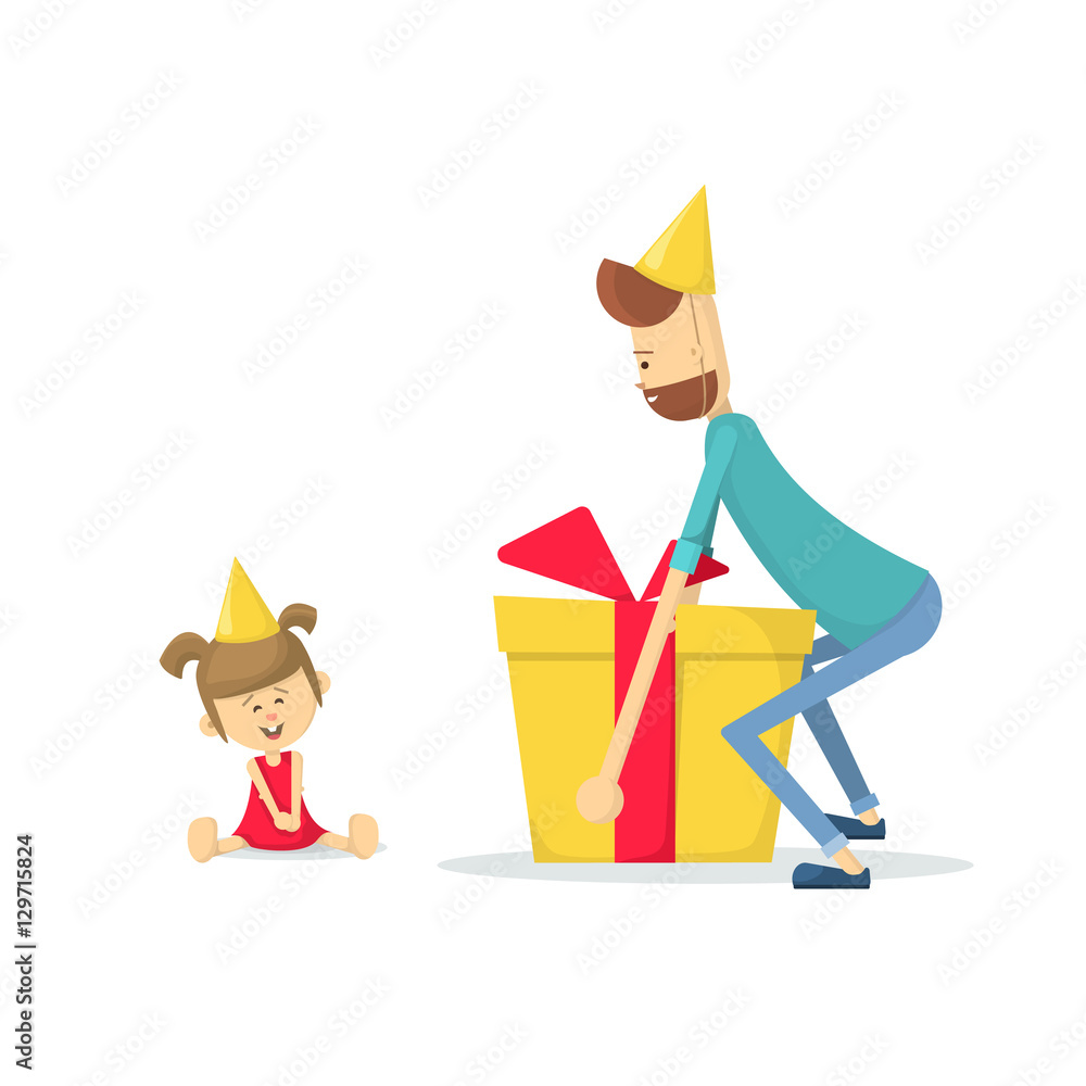 Dad gives daughter a birthday gift. Flat vector illustration Dad gives daughter a birthday gift. Flat vector illustration