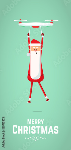 Santa Claus flies on drone. Flat Vector Illustration.