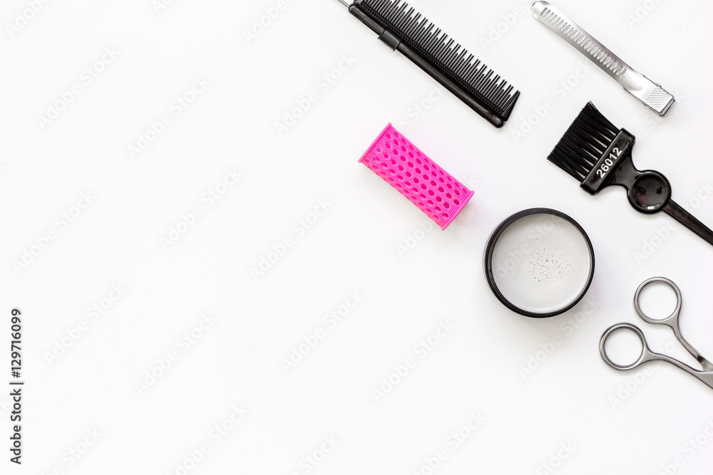 hairdresser tools on white background top view hairdresser tools on white background top view