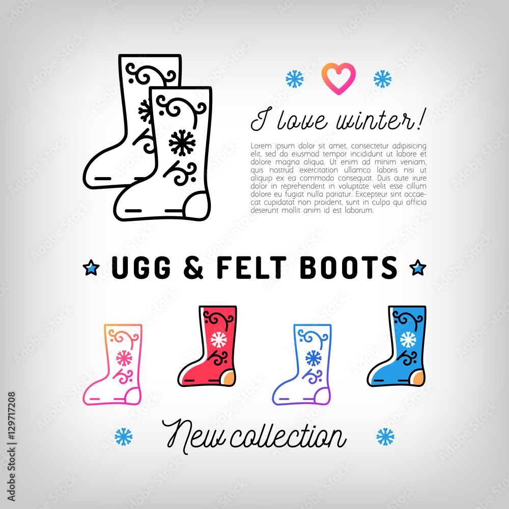 Ugg and Felt boots thin line icons, Valenki, Winter boots. Winter shoes,  footwear. Trendy banner, flyer for a shoe store. Vector illustration,  isolated symbols Stock Vector | Adobe Stock