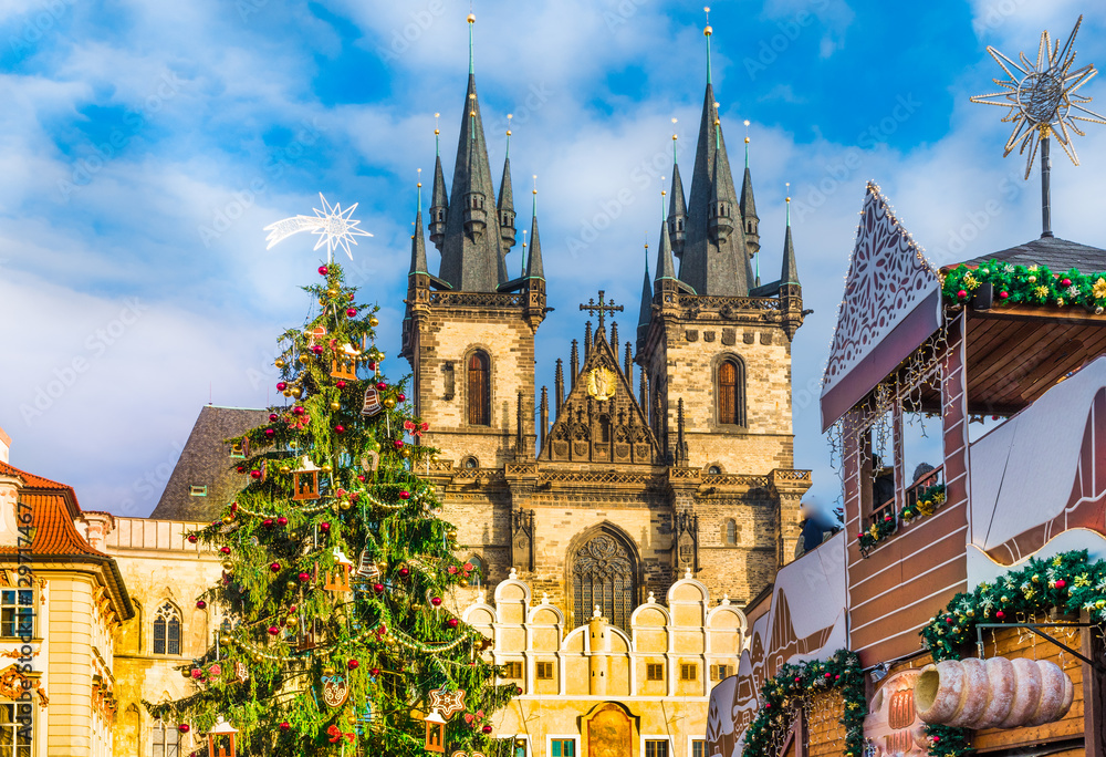 Christmas tree and fairy tale Church of our Lady Tyn in magical Prague, Czech Republic