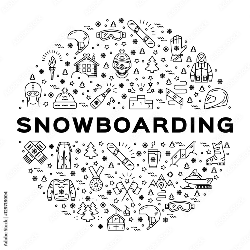 Vector snowboarding icon, Snowboard infographics. Isolated symbols of  winter sports clothing, sportswear. Outline snowboarding logo, Minimal thin  line art style. Sport branding design elements Stock Vector | Adobe Stock