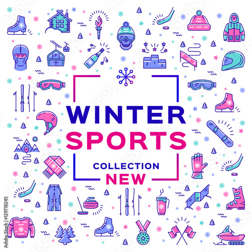 Winter sports collection, sport collage. Branding of sports equipment and sportswear. Cover boardshop banner of extreme winter sports. Minimal thin line art design, Vector illustration