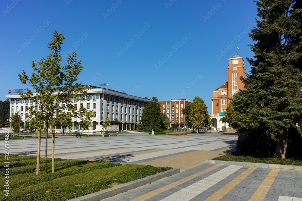 Panoramic view of Town Hall and Fountain in the center of City of Pleven, Bulgaria