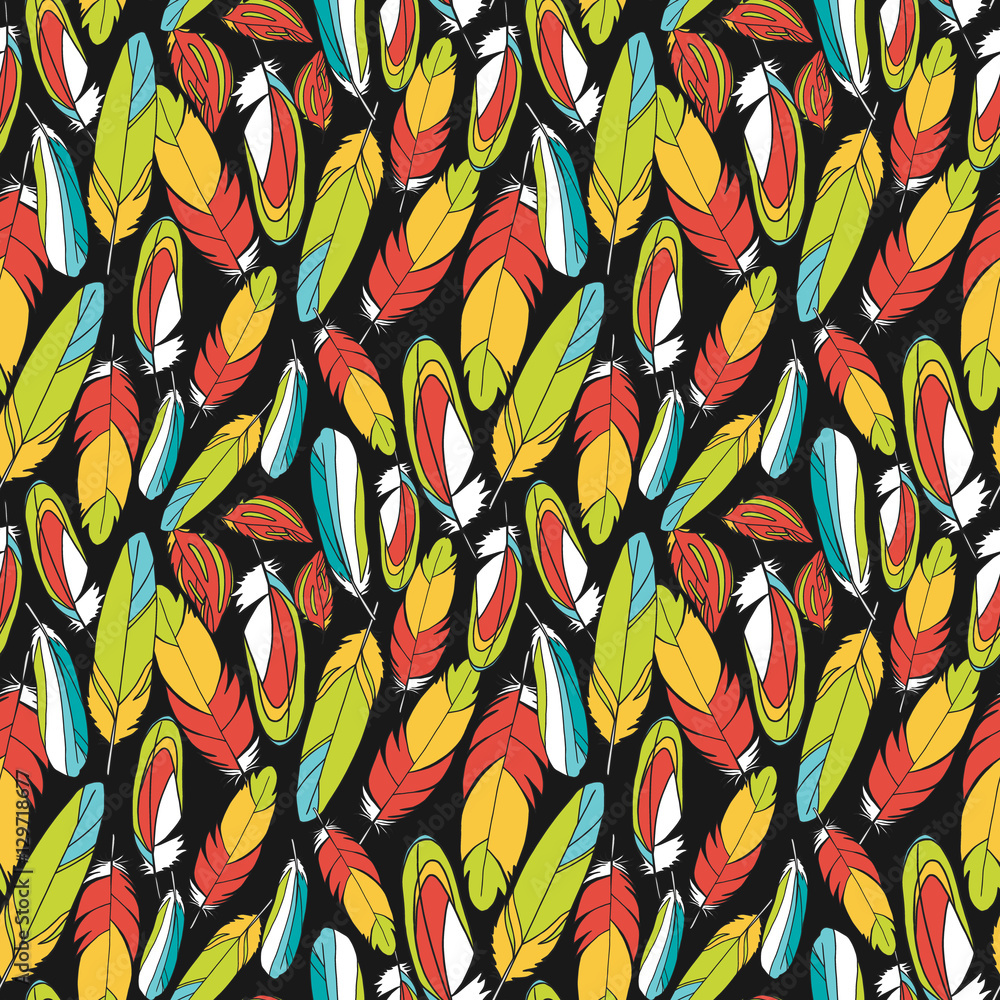 Summer tropical parrots feather seamless pattern. Vector fashion background.