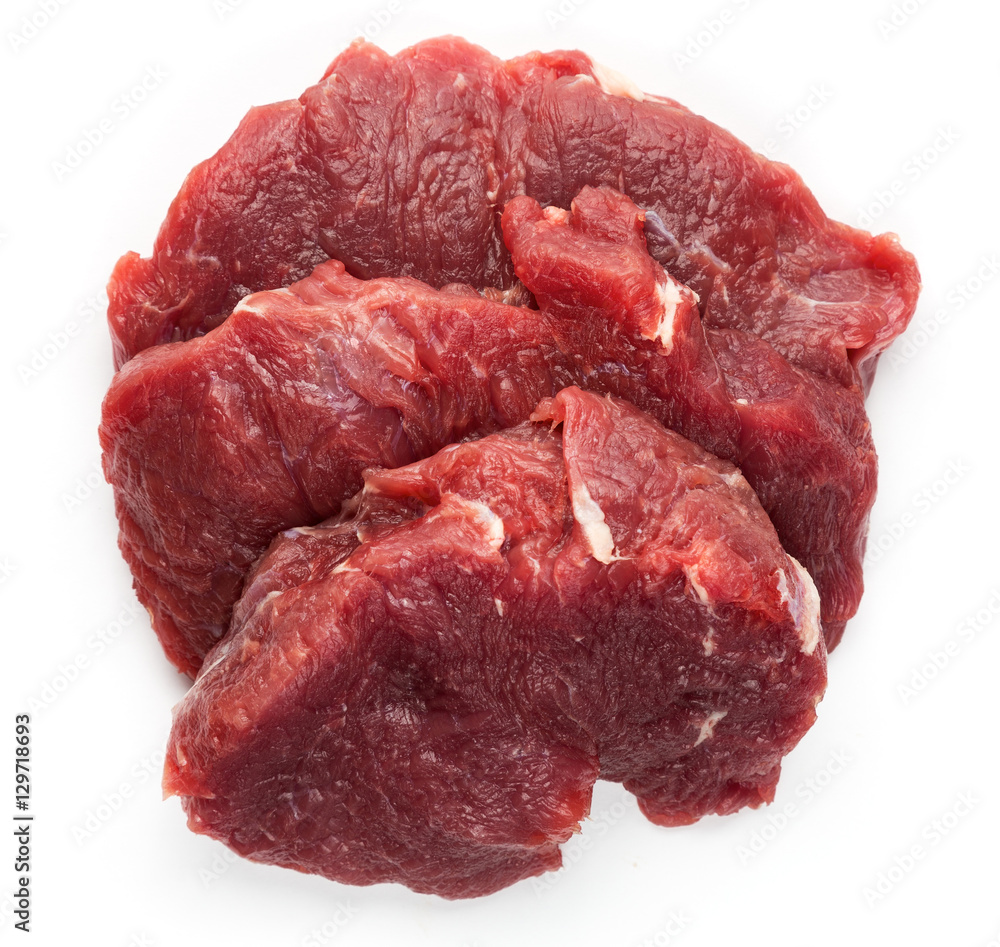 Fresh raw beef meat slices isolated over white background, Food.