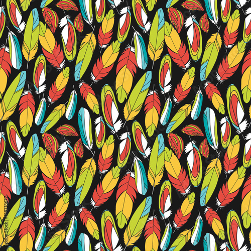 Summer tropical parrots feather seamless pattern. Vector fashion background.