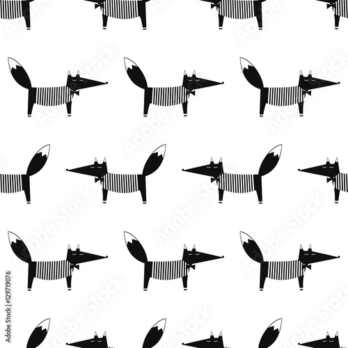 Cute fox seamless pattern. black and white cartoon foxy vector illustration. Child drawing style animal background. Fashion design for fabric, textile.