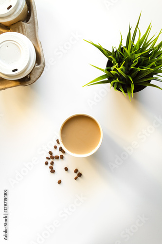 coffee break at white background top view