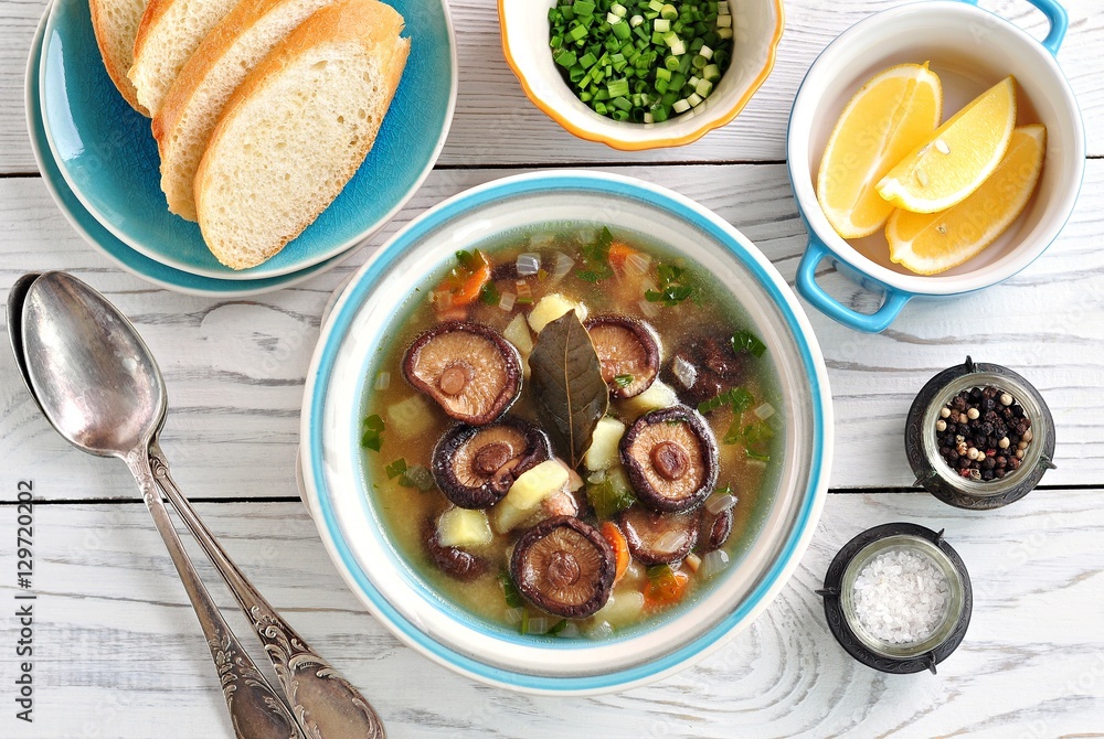 Soup with dried mushrooms shiitake with, potatoes, carrots and semolina. Soup with dried mushrooms shiitake with, potatoes, carrots and semolina.