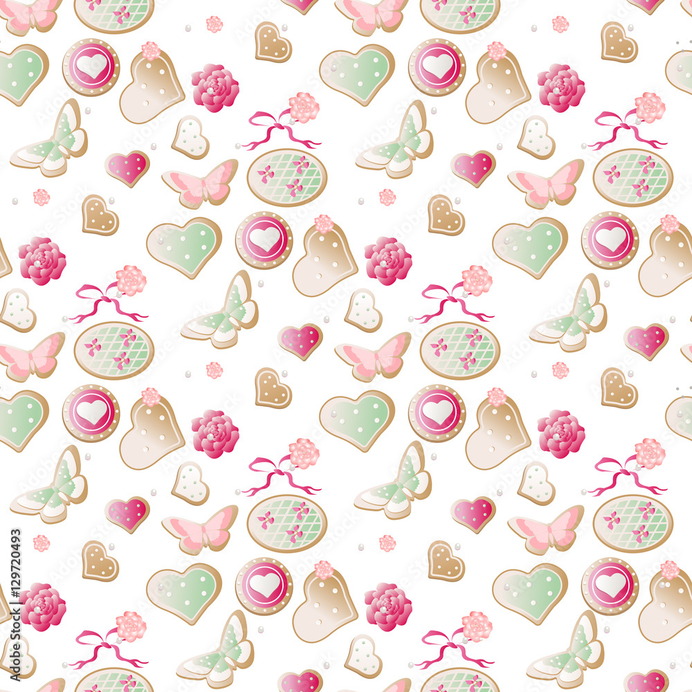 Valentine vector heart seamless pattern with biscuit