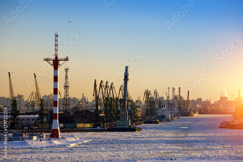 St. Petersburg. Seaport. Russia.View from the Gulf of Finland covered with ice