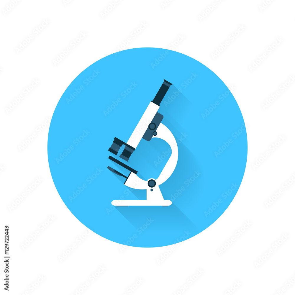 Microscope on blue circle with long shadow. Flat vector icon Microscope on blue circle with long shadow. Flat vector icon