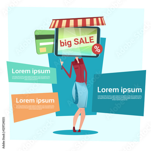 Woman Cell Smart Phone Head Online Banking Payment Flat Vector Illustration