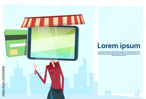 Woman Cell Smart Phone Head Online Banking Payment Flat Vector Illustration